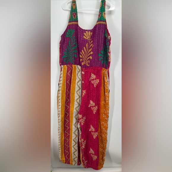 Kantha Karma Overalls Jumpsuit One Size Hippie Handmade Pockets Patchwork - Picture 5 of 6